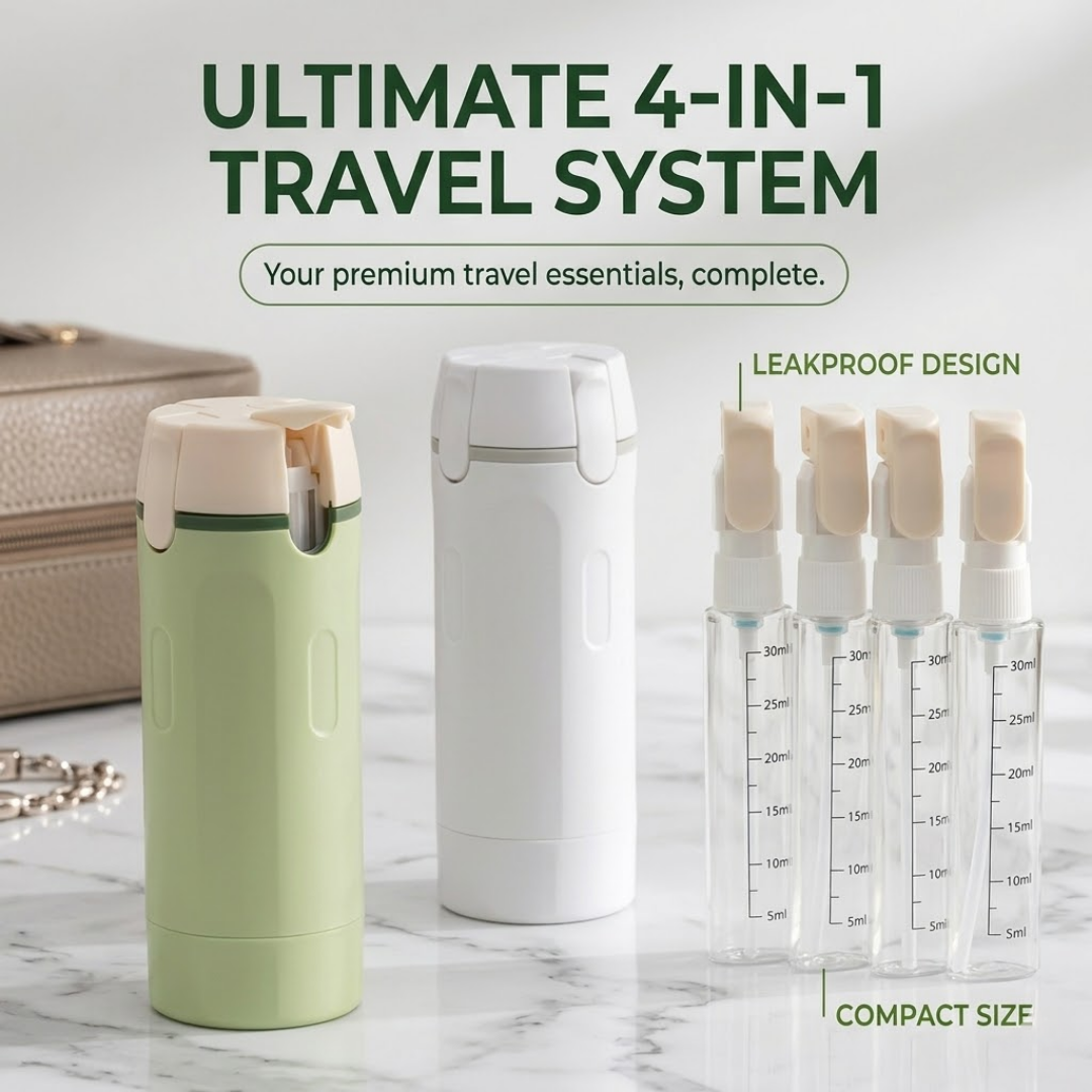4-in-1 Travel Dispenser | TSA-Approved Leakproof Bottle