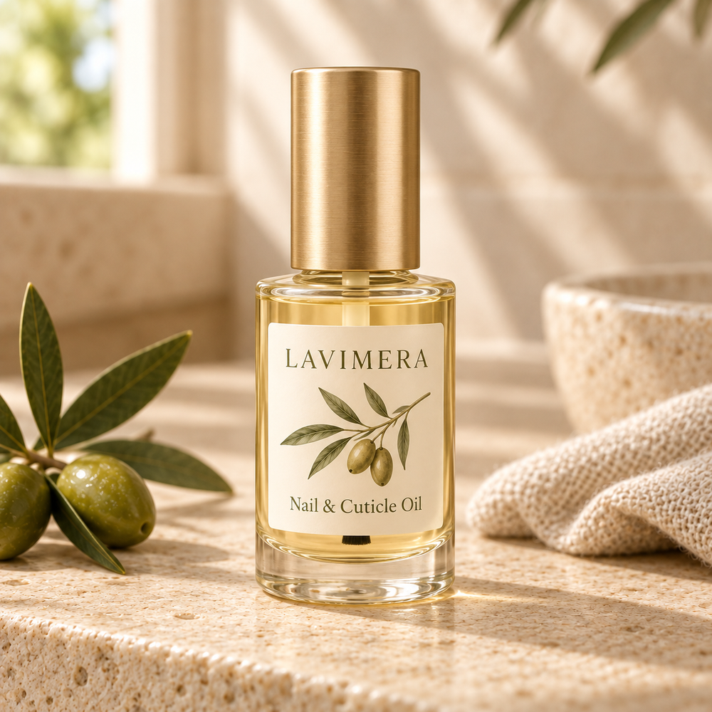LAVIMERA Nail and Cuticle Oil in a premium botanical setting