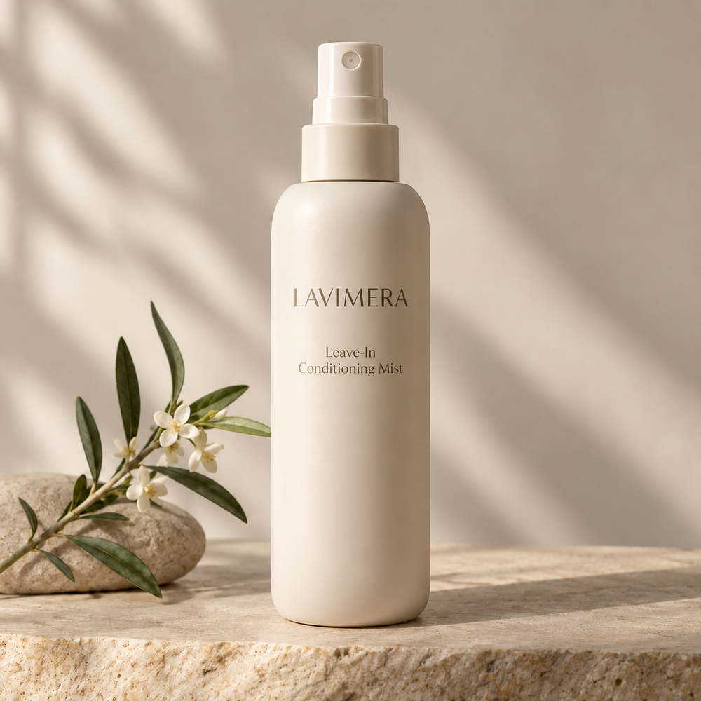 LAVIMERA Leave-In Conditioning Mist in a premium botanical setting