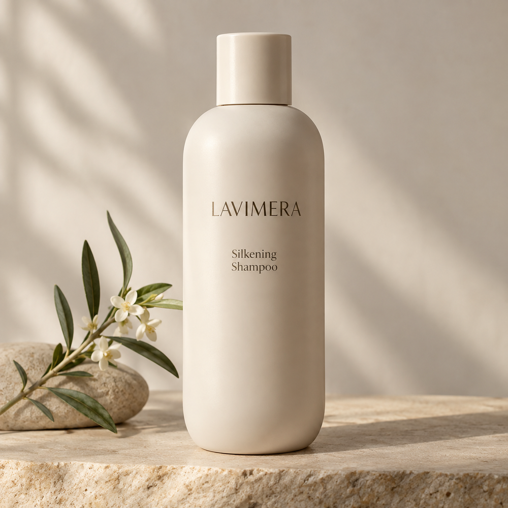 LAVIMERA Silkening Shampoo in a premium botanical setting