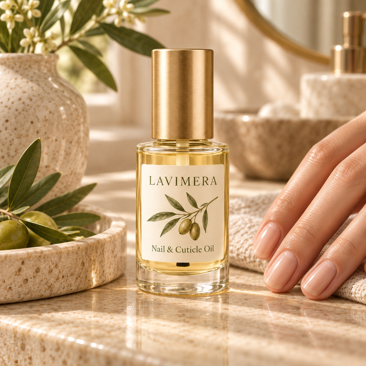 LAVIMERA Nail and Cuticle Oil beside manicured hands