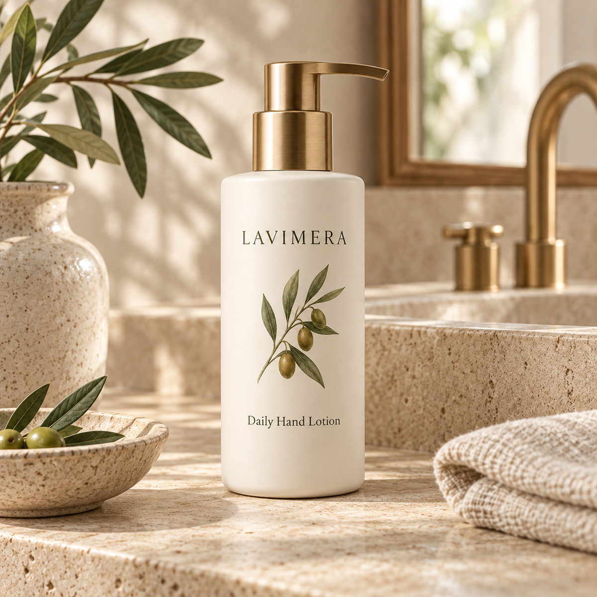 LAVIMERA Daily Hand Lotion in an elegant sink-side setting