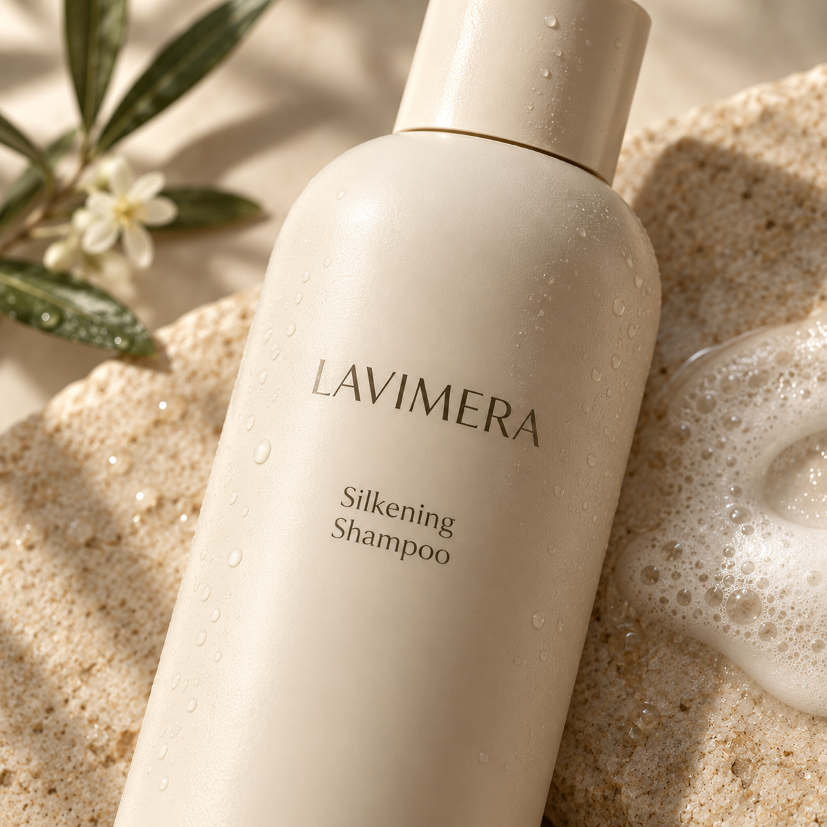 Close-up of LAVIMERA Silkening Shampoo and soft lather