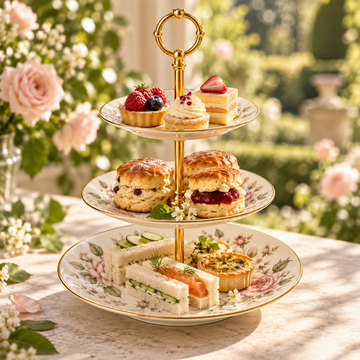 Eleanor cake stand serving sandwiches, scones, and pastries outdoors