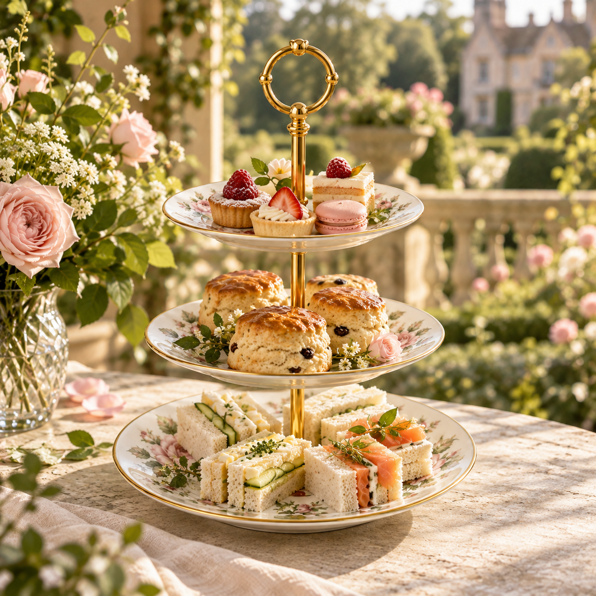 Eleanor three-tier floral cake stand filled with afternoon tea treats