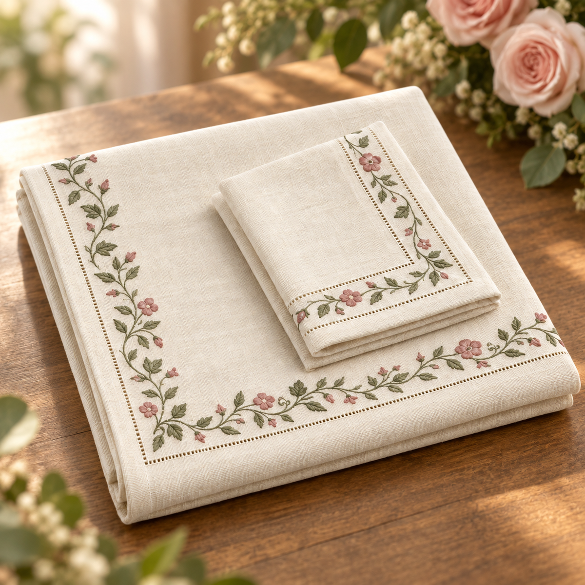 Mayfair tea linens folded to show the delicate floral border