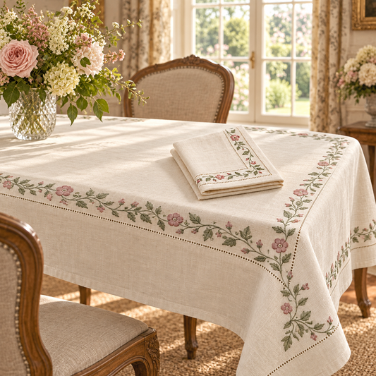 Mayfair embroidered tea table linen set arranged in a bright dining room