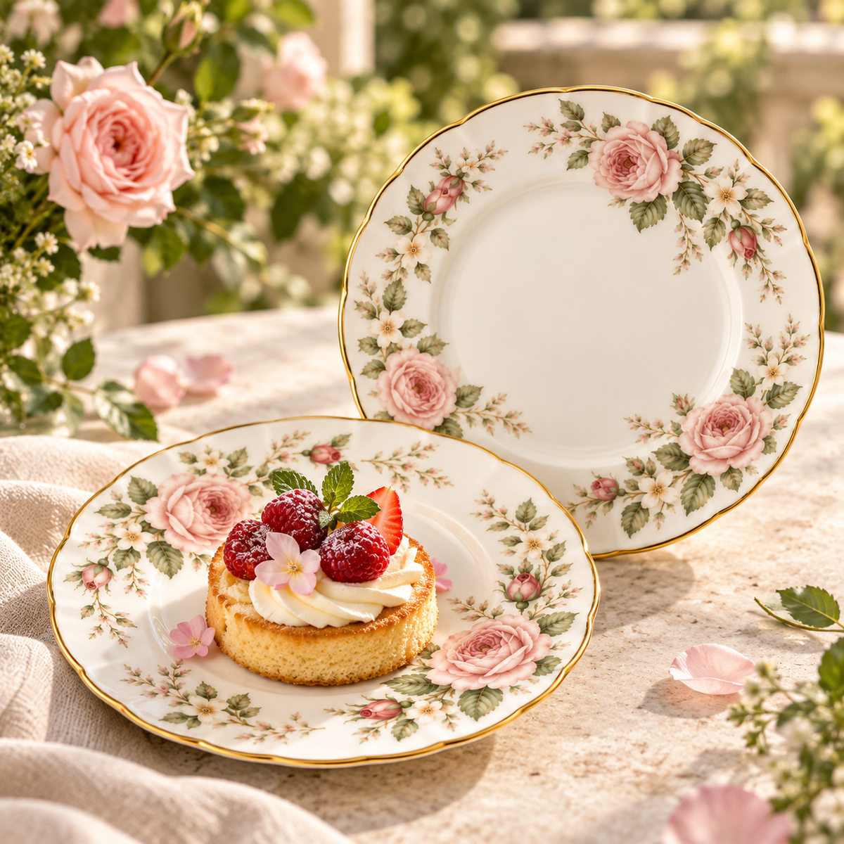 Rosalie dessert plate set styled with berries, pastry, and fresh roses