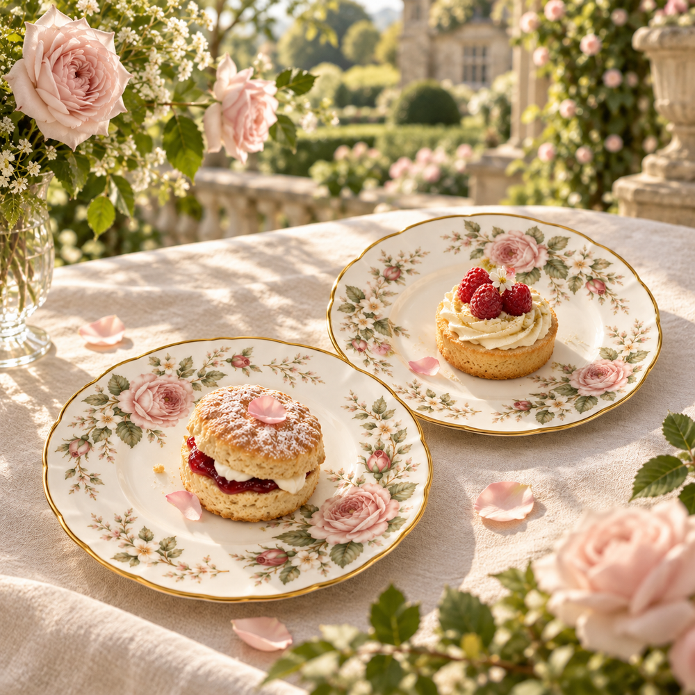 Rosalie floral dessert plates serving individual fruit tarts in a garden setting