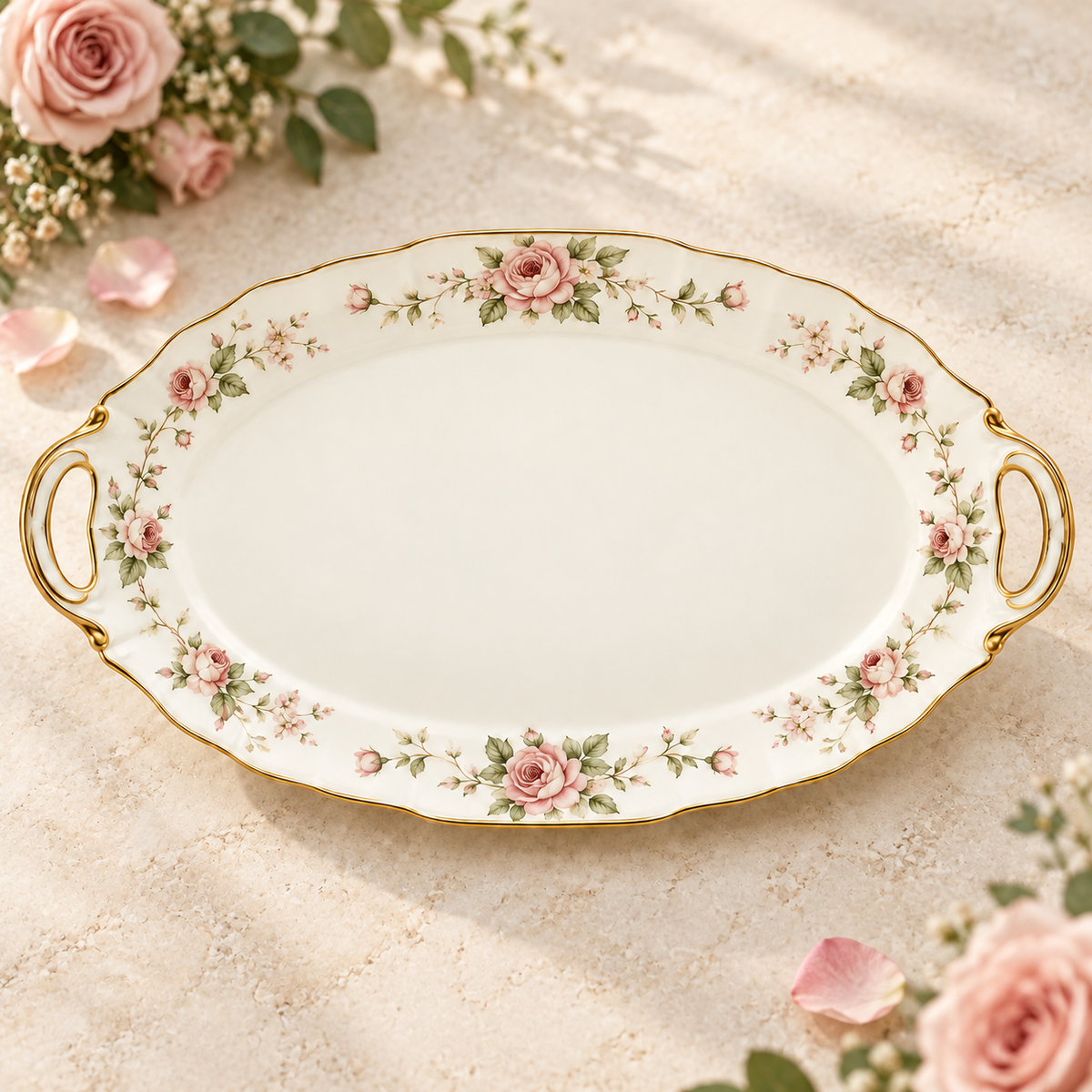 Victoria oval sandwich tray with floral border and gold-tone handles