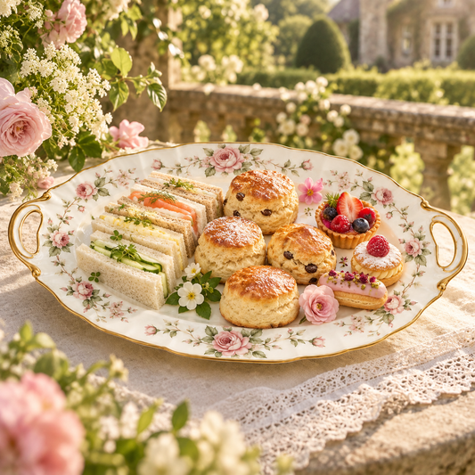 Victoria floral sandwich tray filled with afternoon tea savouries and pastries